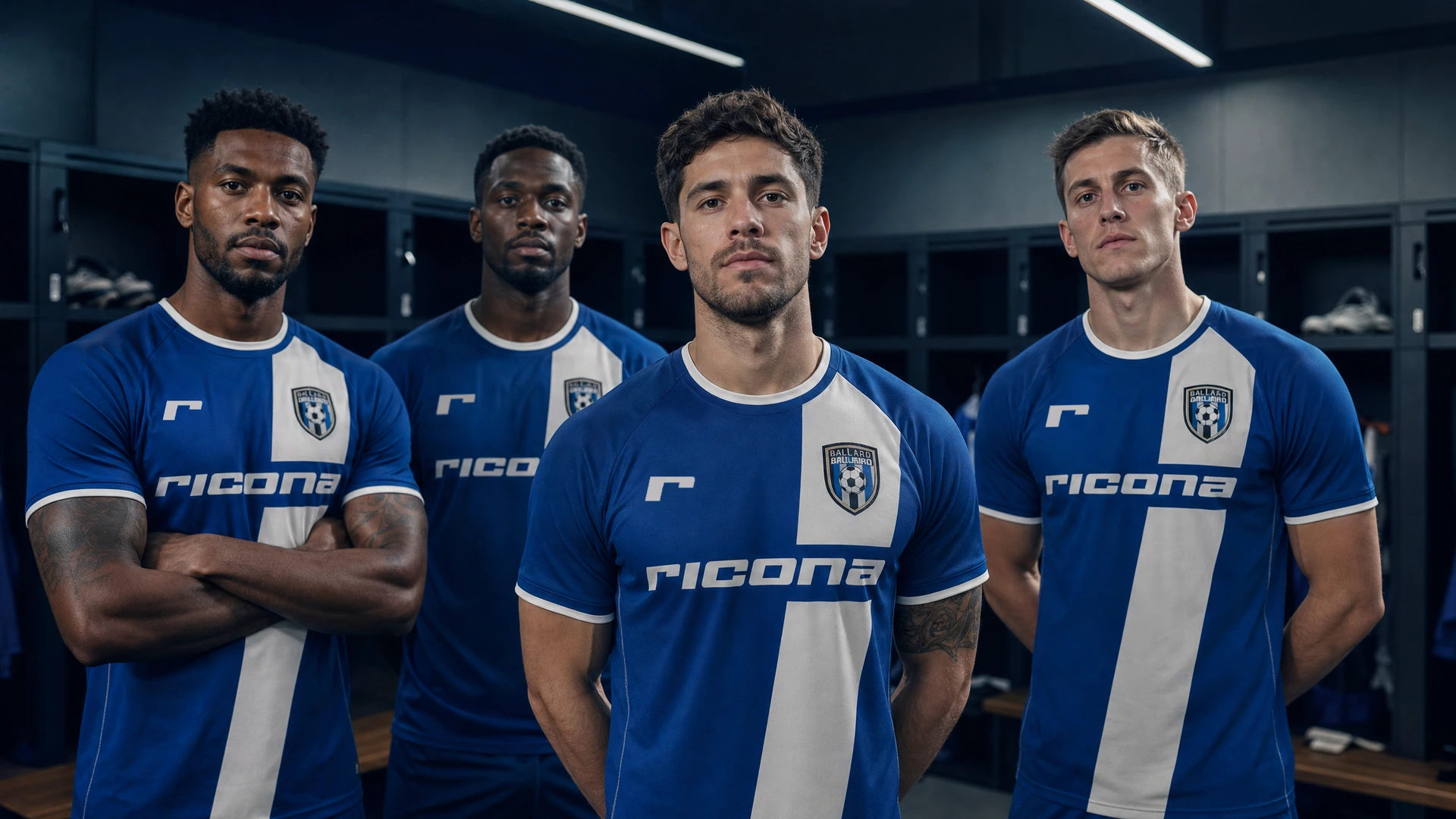 Football team wearing blue custom Ricona kits