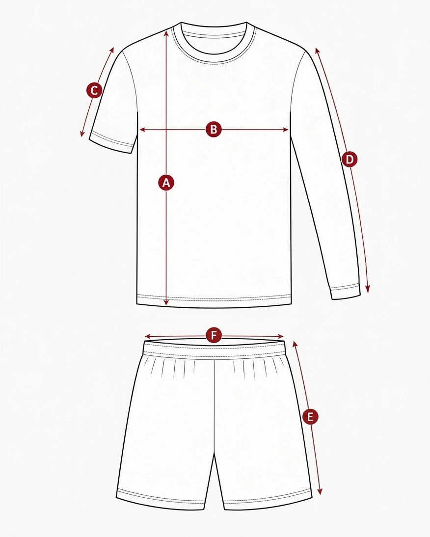 Ricona football kit size guide measurement diagram for shirt and shorts